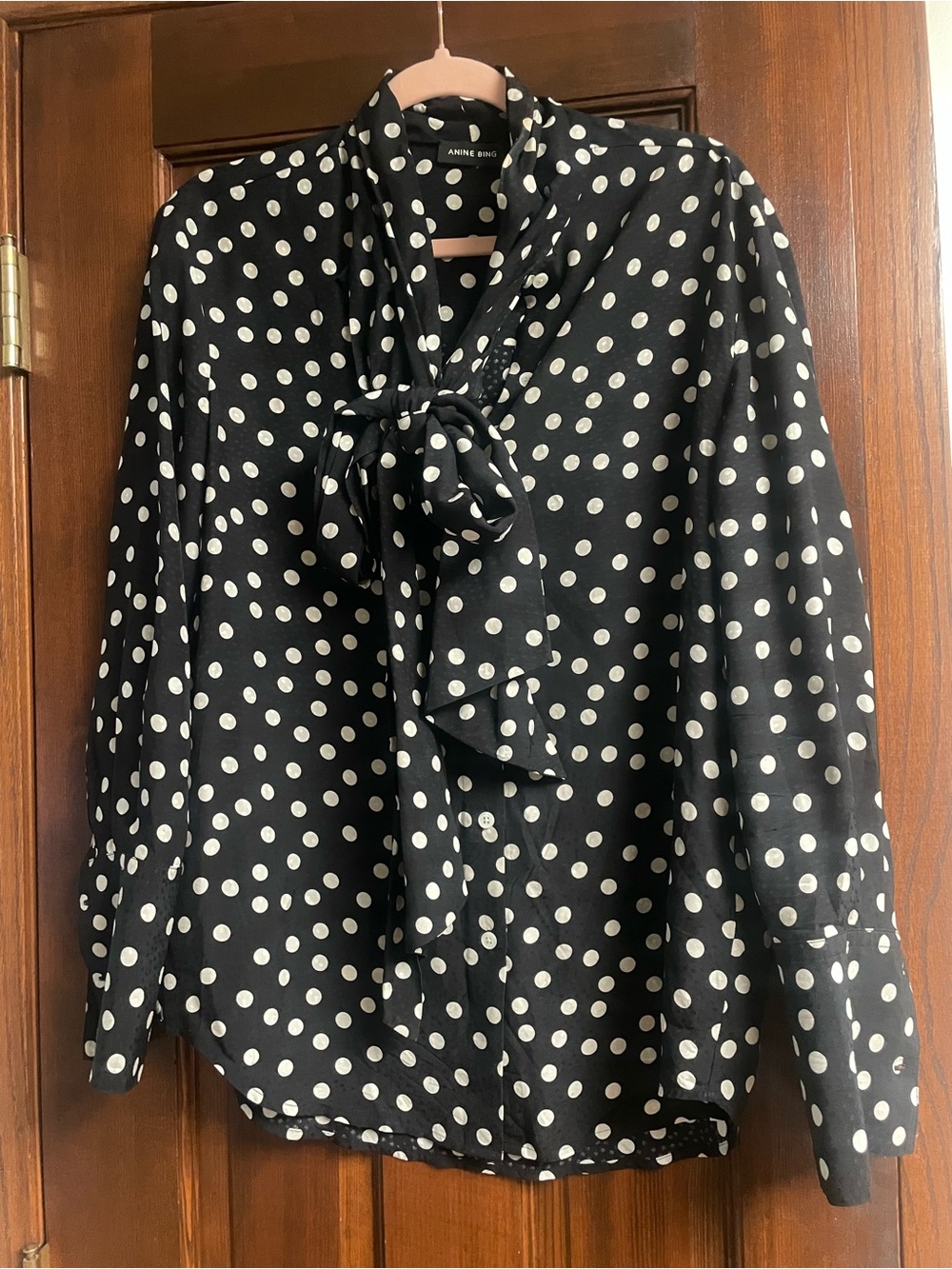 Anine Bing Black and White Polka Dot Tie-Neck Blouse